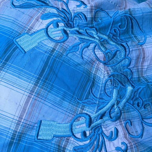 Cowgirl Hardware Arena Shirt Turquoise/White Plaid w/ Embroidered Yoke Snap Butt - Picture 10 of 14